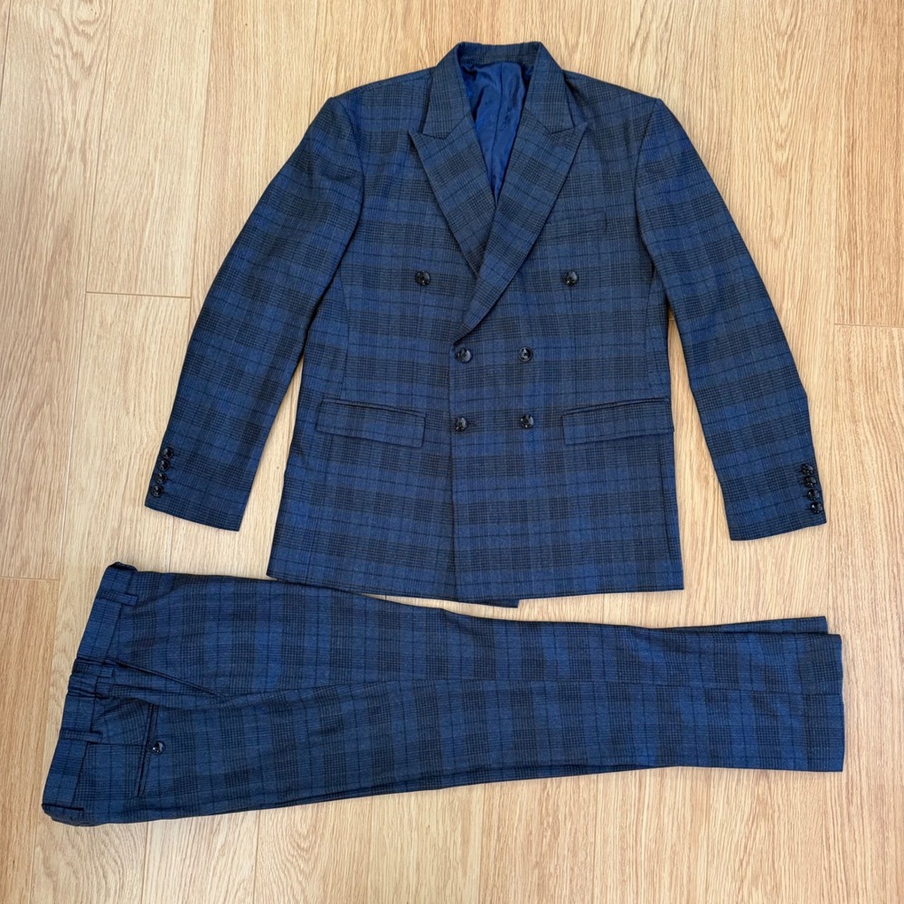 French Crown Suit Mens 42 34x31.5 Gray Blue Plaid Double Breasted AMAZING Wool - Picture 2 of 16